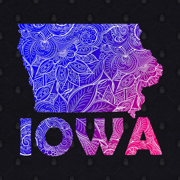 Colorful mandala art map of Iowa with text in blue and violet by Happy Citizen